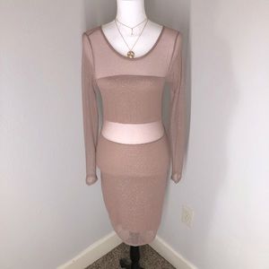 Windsor sheer champagne long sleeve bodycon midi dress size medium